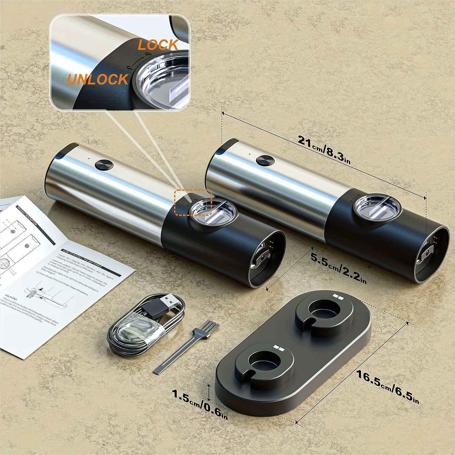 Set of 2 Stainless Steel Electric Salt and Pepper Grinders with Rechargeable Base