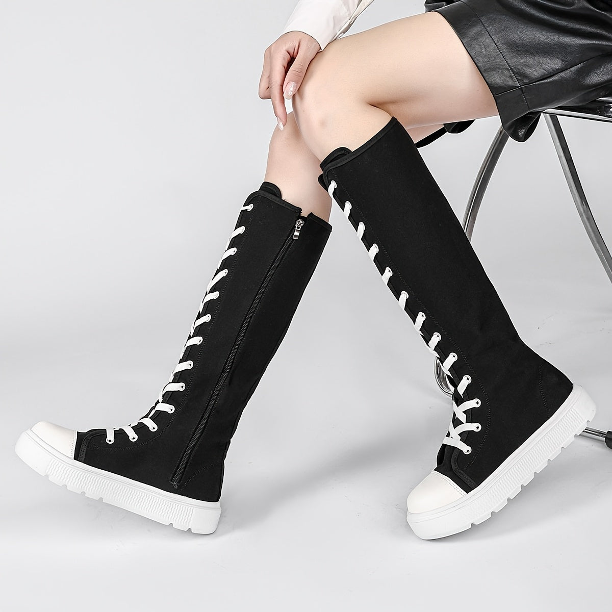 Women's Black Knee-High Lace-Up Leather Boots with Zippers