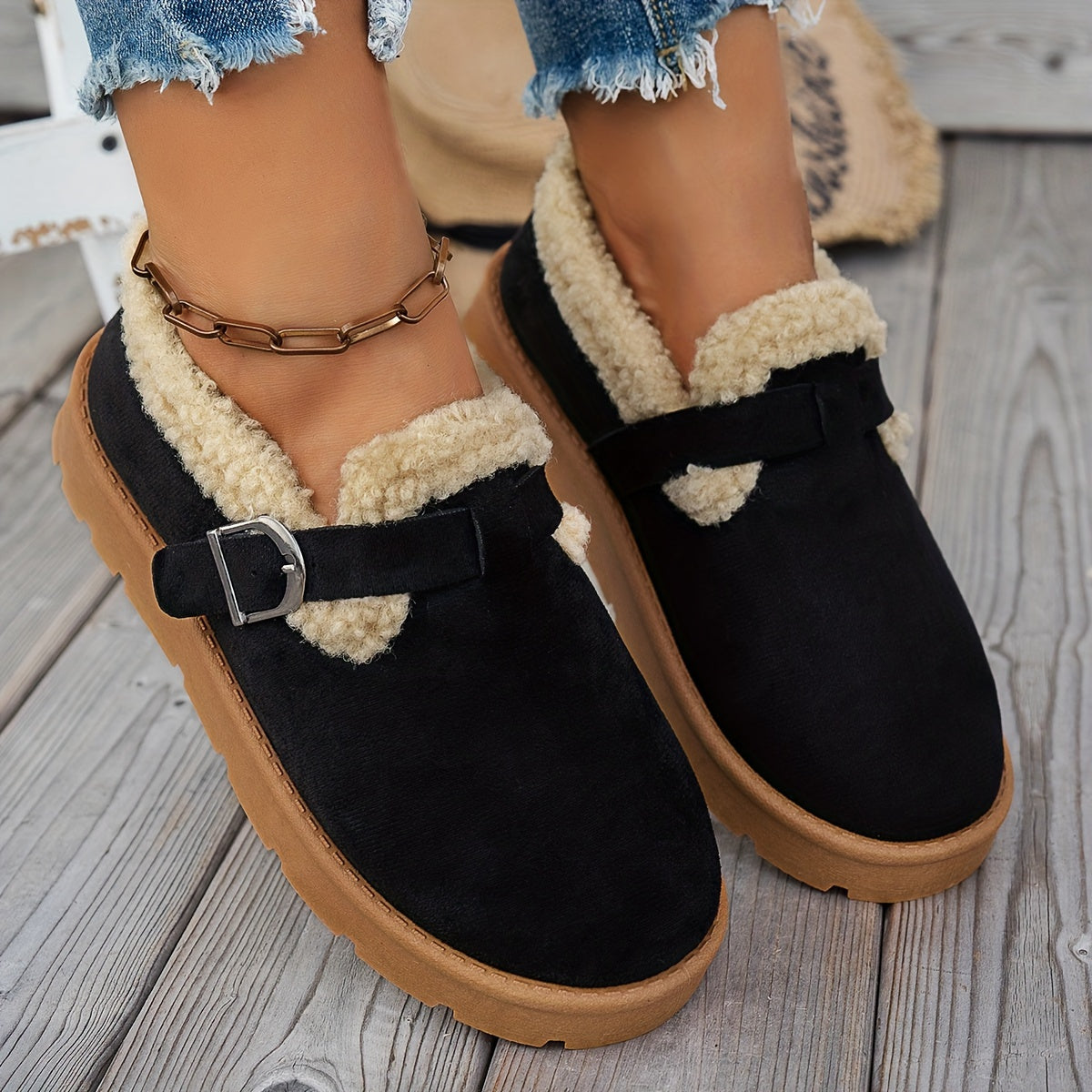 Women's Fleece-Lined Ankle Boots Casual Solid Color Mid Heel Platform Shoes