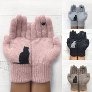 Knit Gloves for Women with Cat Print Split Finger Design Warm Winter Accessories