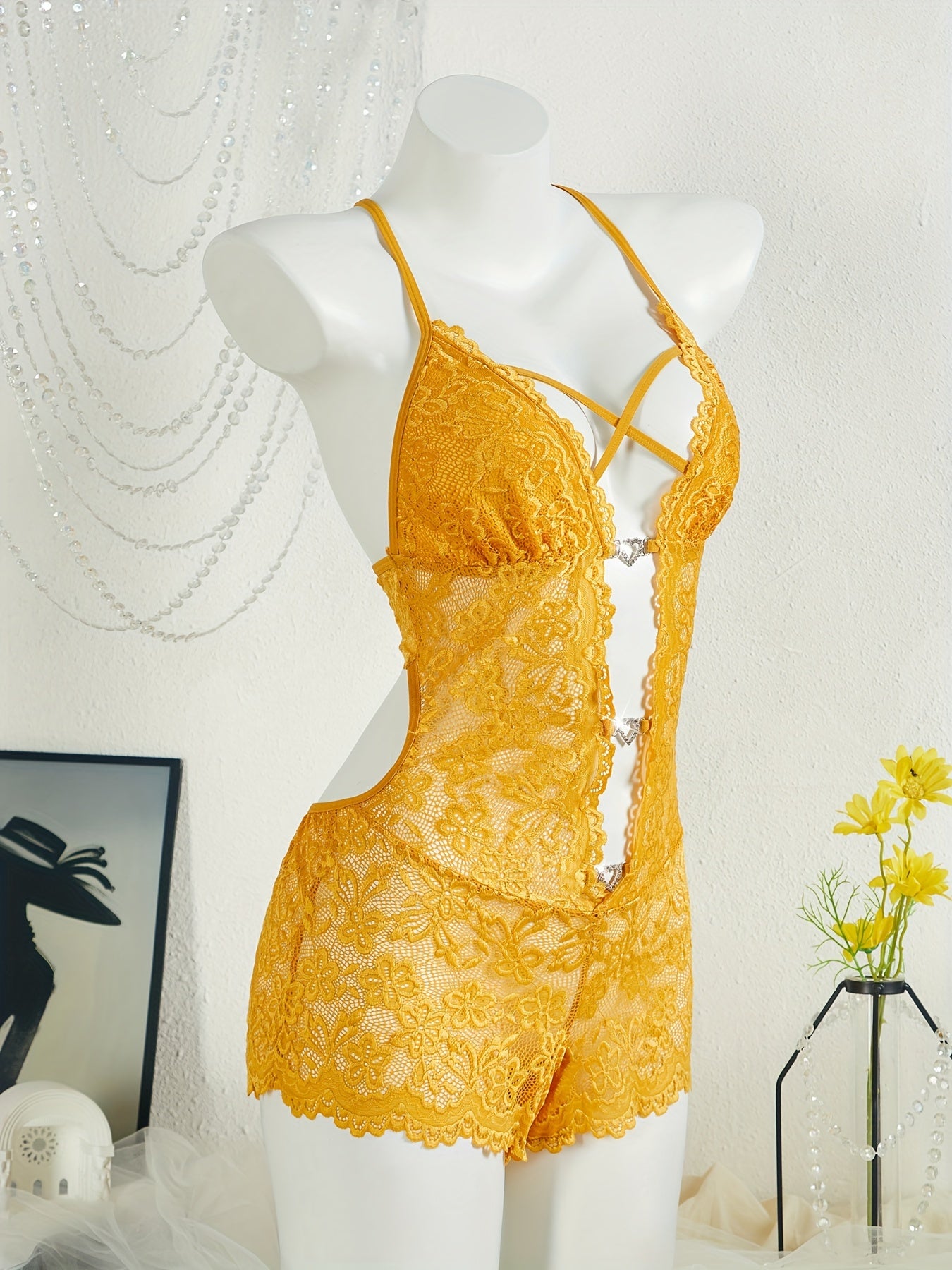 Women's Lace Teddy and Heart Ring Bodysuit Sexy Lingerie