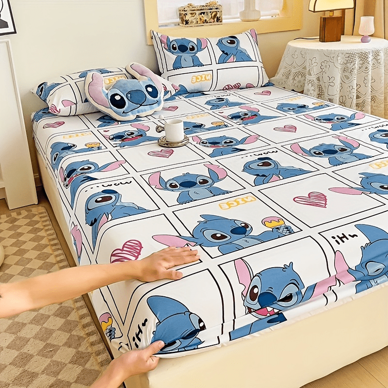 Conjunto de ropa de cama de Disney Stitch de 3 piezas para niños con sábana ajustable, fundas de almohada y cojín de felpa