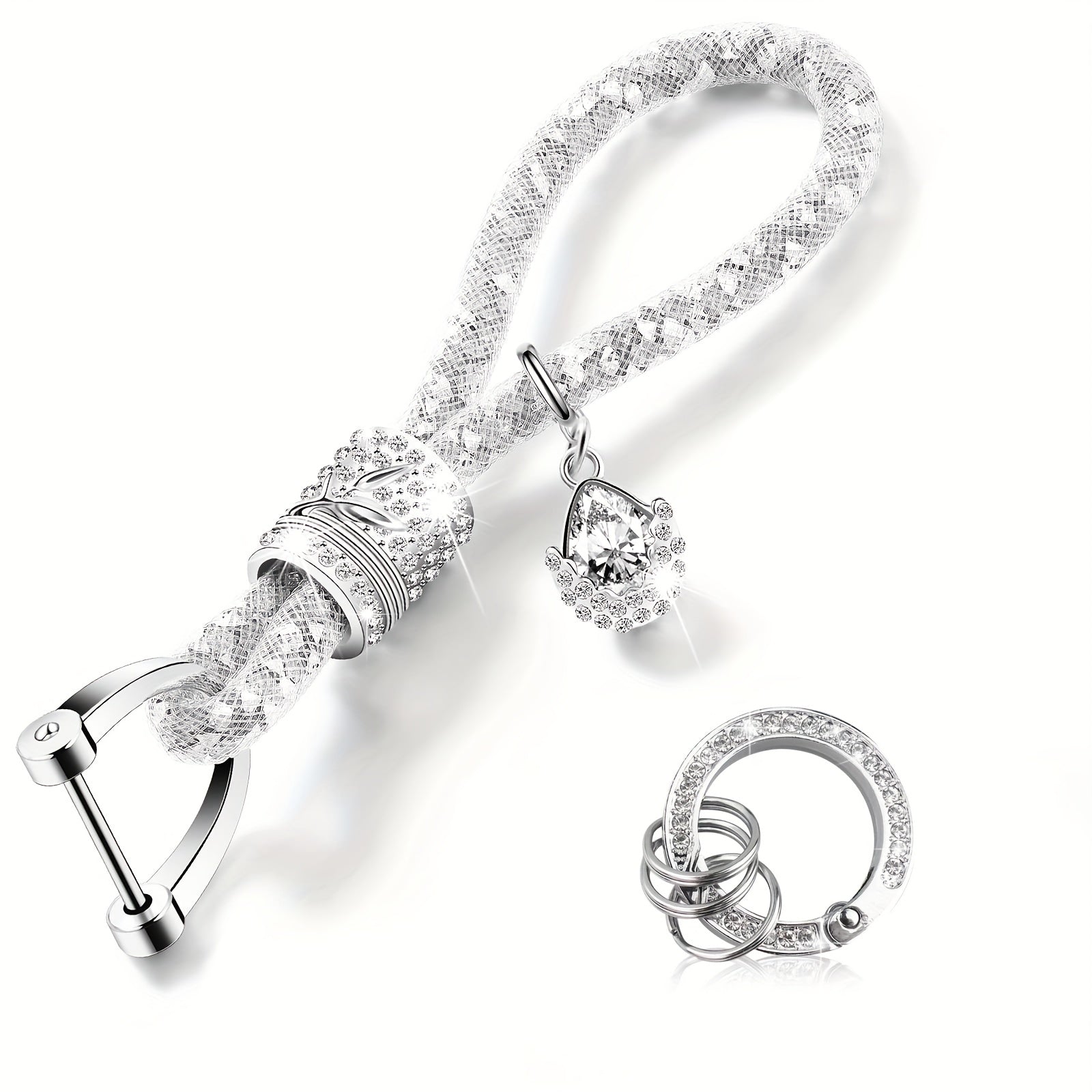Crystal Bling Car Keychain for Women, Rhinestone Ring and Strap Accessory