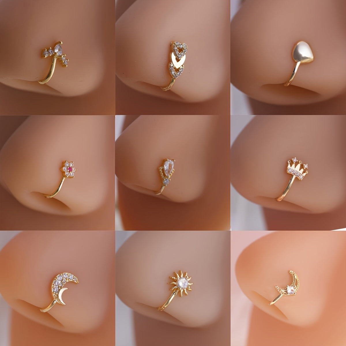 Set de joyería para nariz de 9 piezas para mujeres Sol Estrella Luna Corazón Corona Zirconia cúbica Ajustable Sin perforación