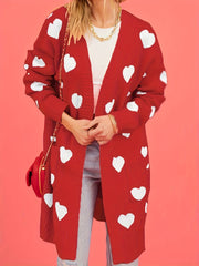 Women's Plus Size Red White Heart Pattern Cardigan Long Sleeve Open Front Sweater