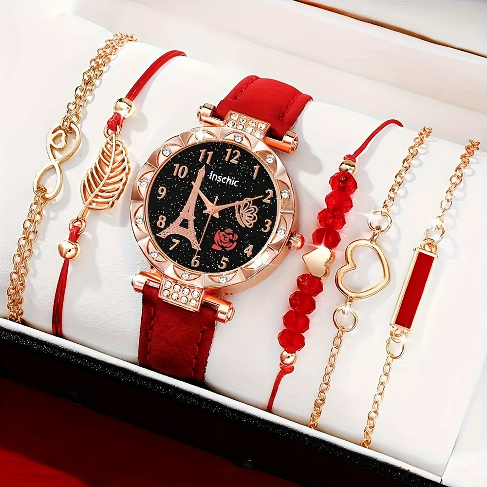 Six Pieces Women's Quartz Watches with PU Leather Wristbands Alloy Pointers Jewelry Gift Set