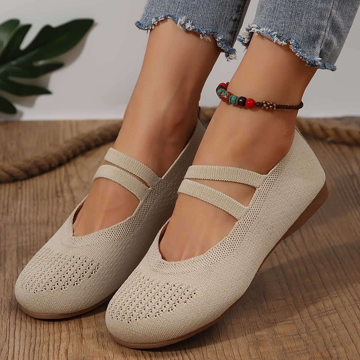 Women's Knitted Flats Ankle Band Breathable Slip-On Shoes