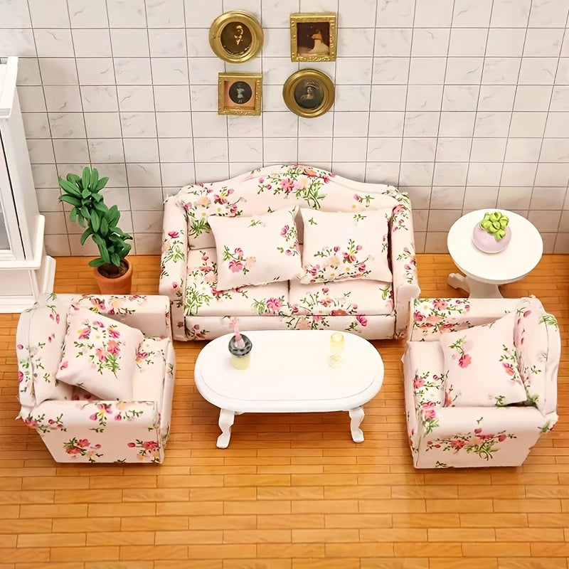 Mobiliario en miniatura para casas de muñecas, sofá individual rosa con flores verdes y racimo, con cojín