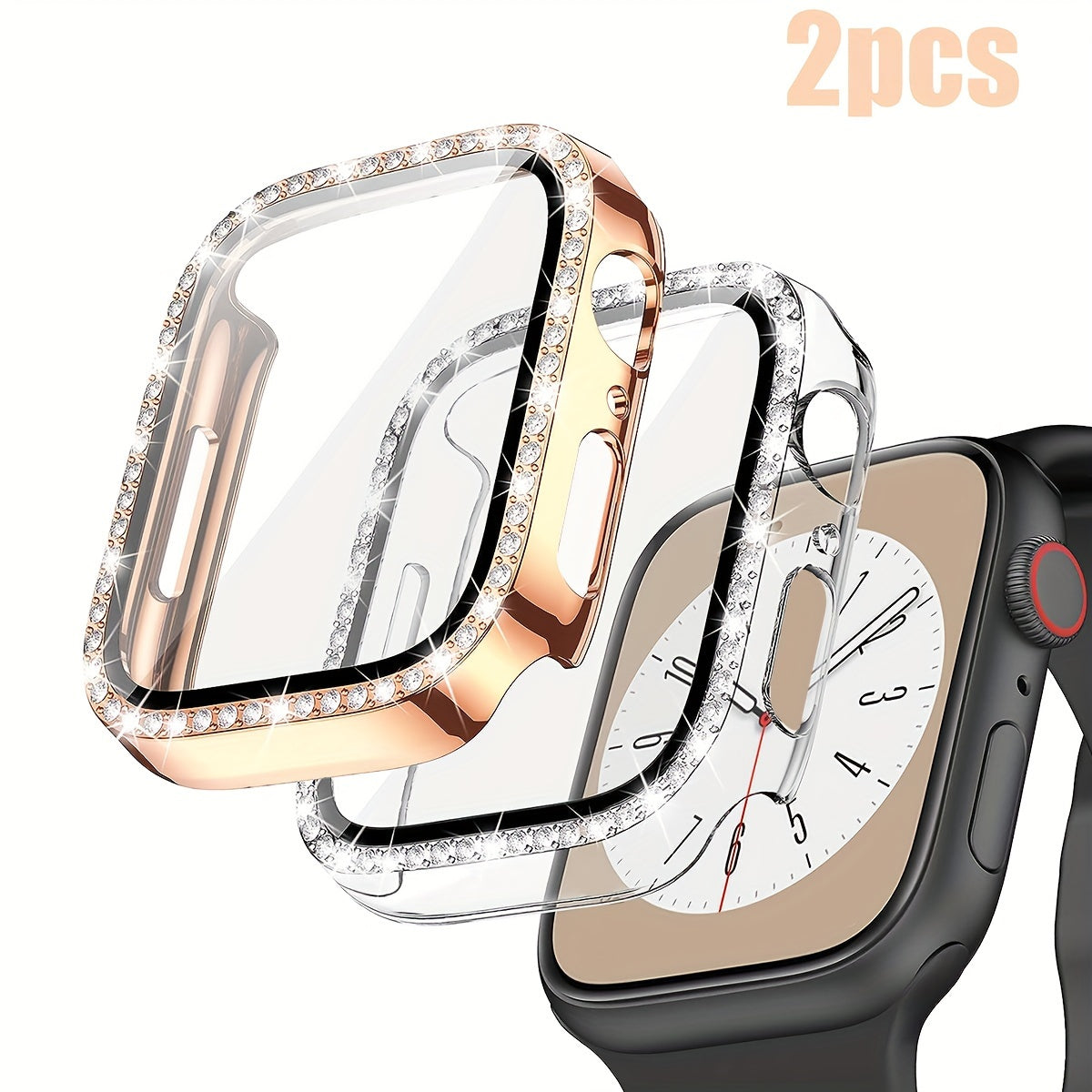 Women's Shiny Diamond PC Watch Shell with HD Hardened Glass Screen Protector for Apple Watch 40mm 44mm 45mm 49mm