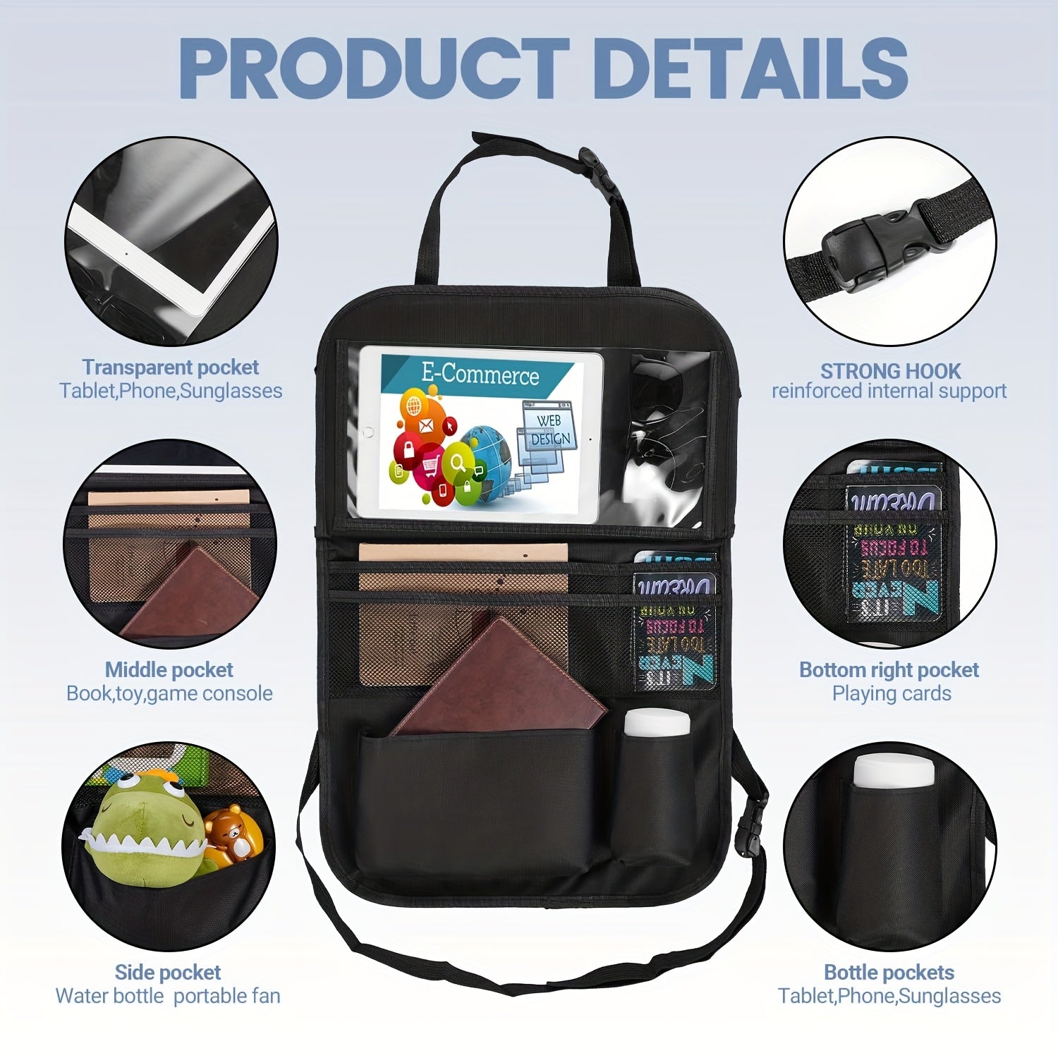 Organizador de asiento para coche con bolsa de almacenamiento y bandeja para snacks y juguetes