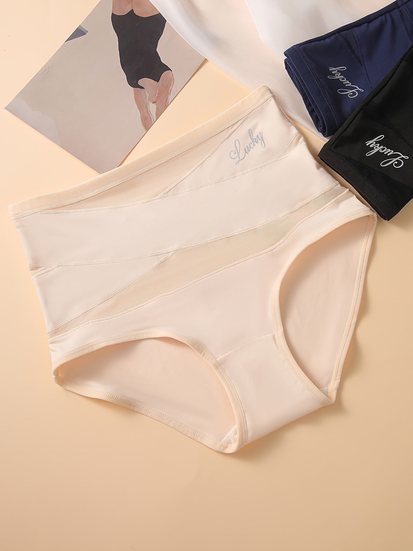 Panties de mujer de cintura alta, transpirables, control de abdomen, con estampado de letras y detalles cruzados