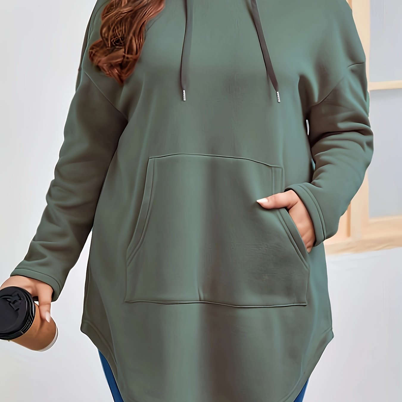 Ayollar uchun plus o'lchamli dengiz bo'yi ko'k hoodie, kangaroo cho'ntagi bilan, kundalik uzun qo'l kiyim, sweatshir