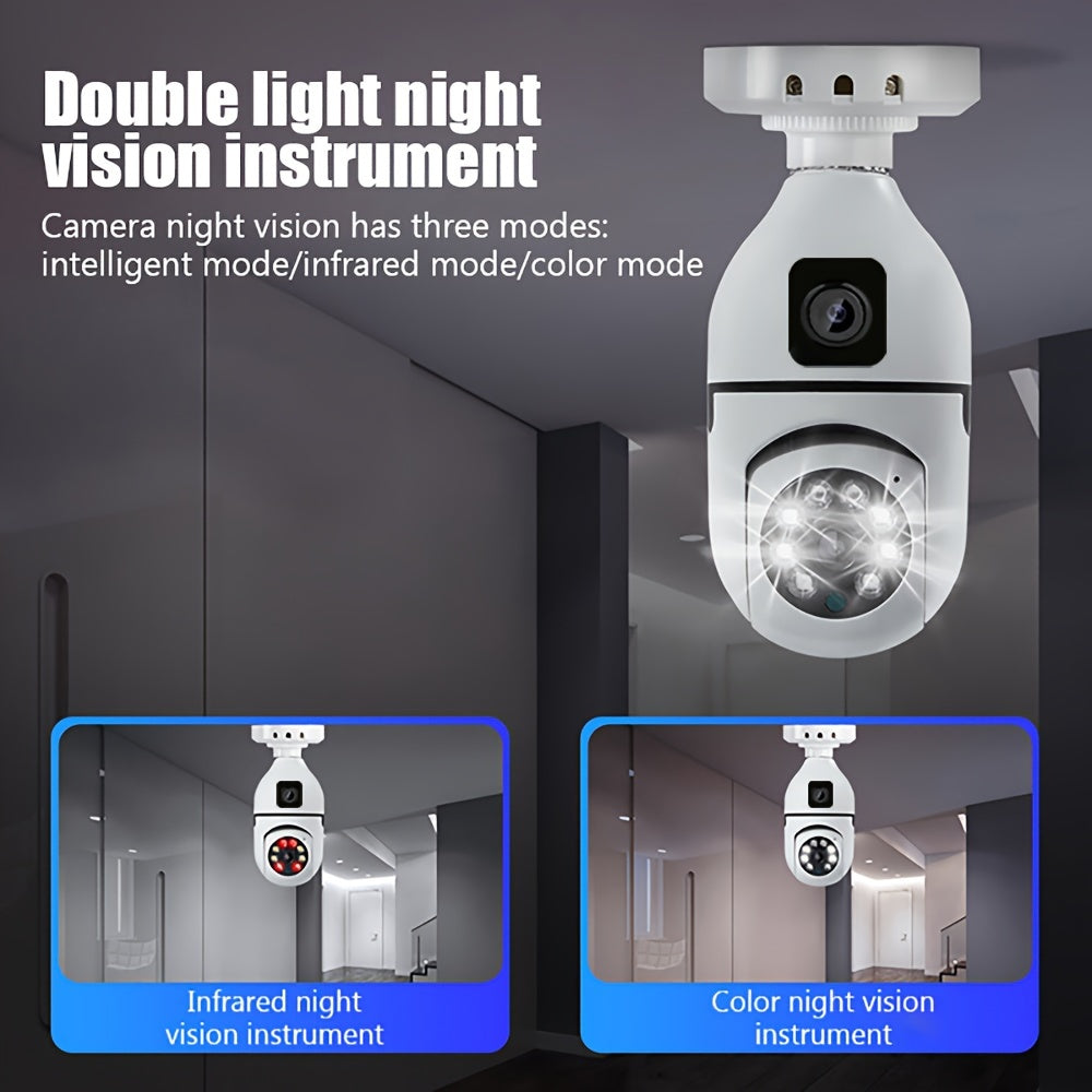 Wireless Dual-Camera Security Bulb with 360° Panoramic View Night Vision Motion Detection Two-Way Audio