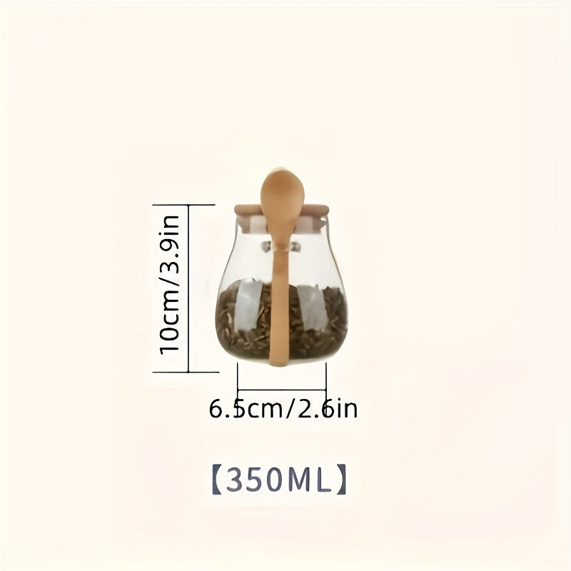 Tarro de vidrio para té con tapa de madera y cuchara, 350 ml, almacenamiento para hojas de té sueltas