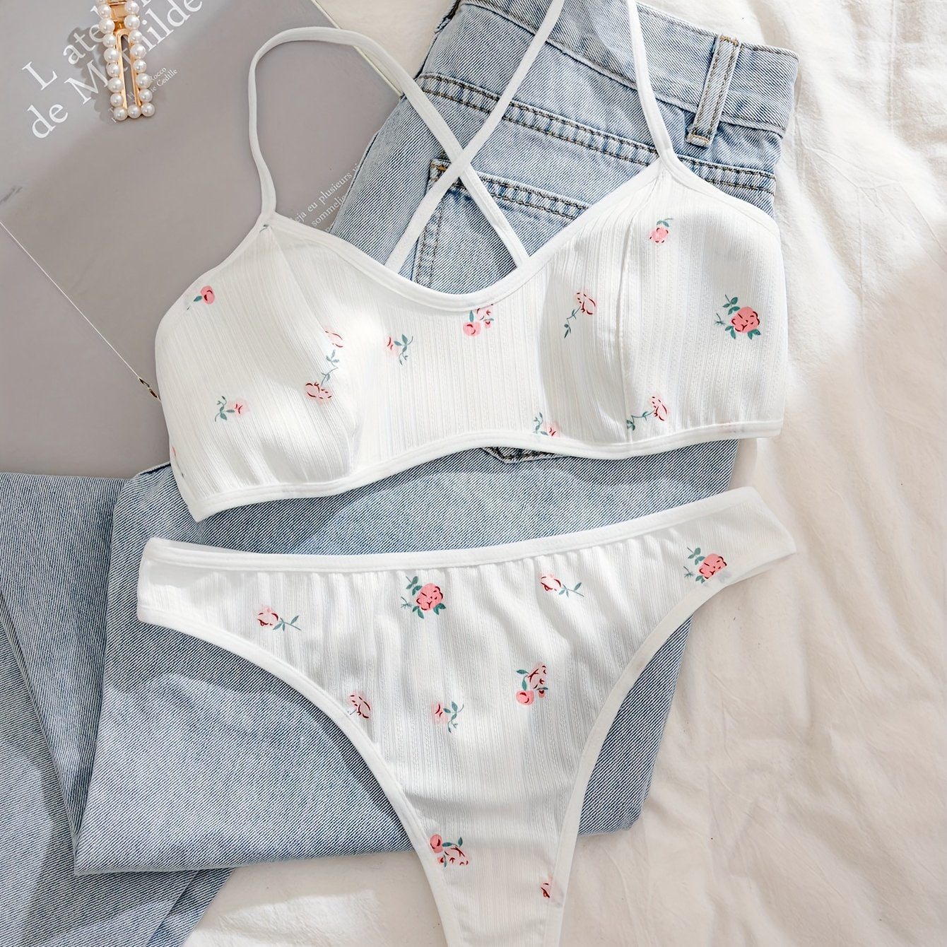 White Floral Print Lingerie Set with Embroidery and Cross-Back Design