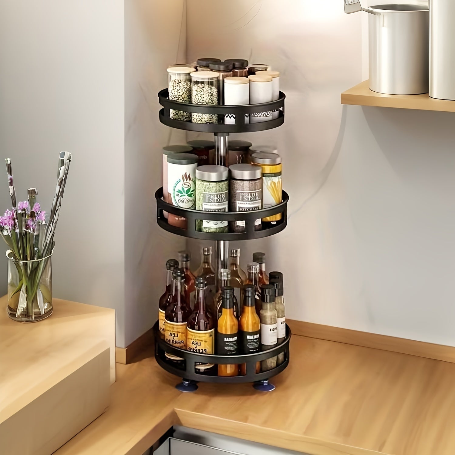 360° Rotating Kitchen Organizer Adjustable Height Metal Spice Rack Lazy Susan