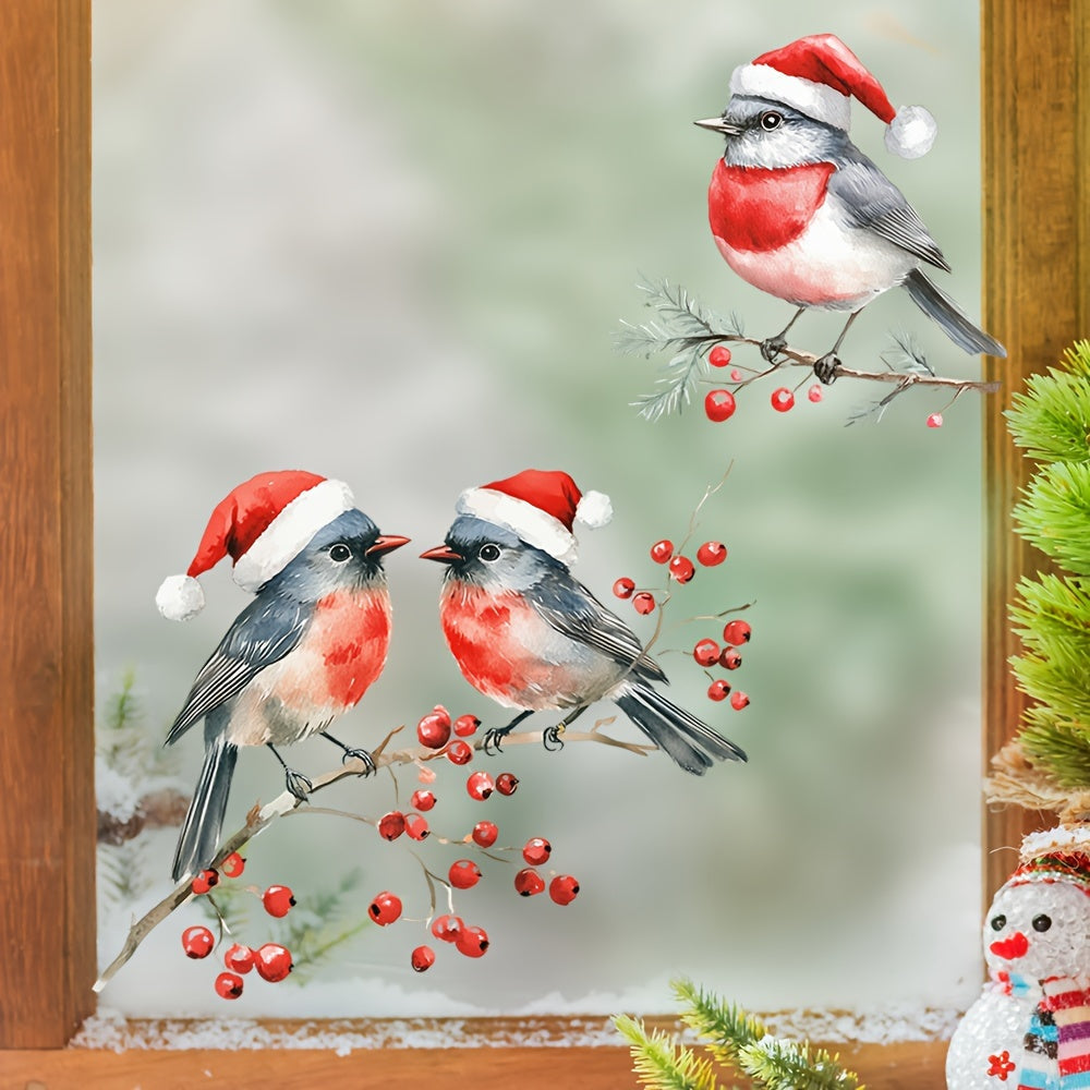 Decorative Christmas Window Decals Birds Red Berry Branches Glass Clings Self-Adhesive Holiday Decor