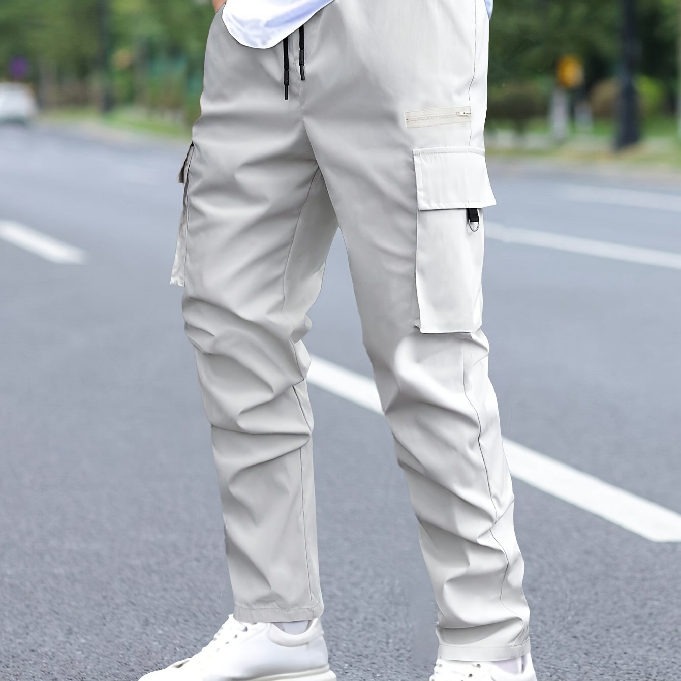 Men's Cargo Pants with Multiple Pockets Drawstring Waist Solid Polyester All-Season Street Style