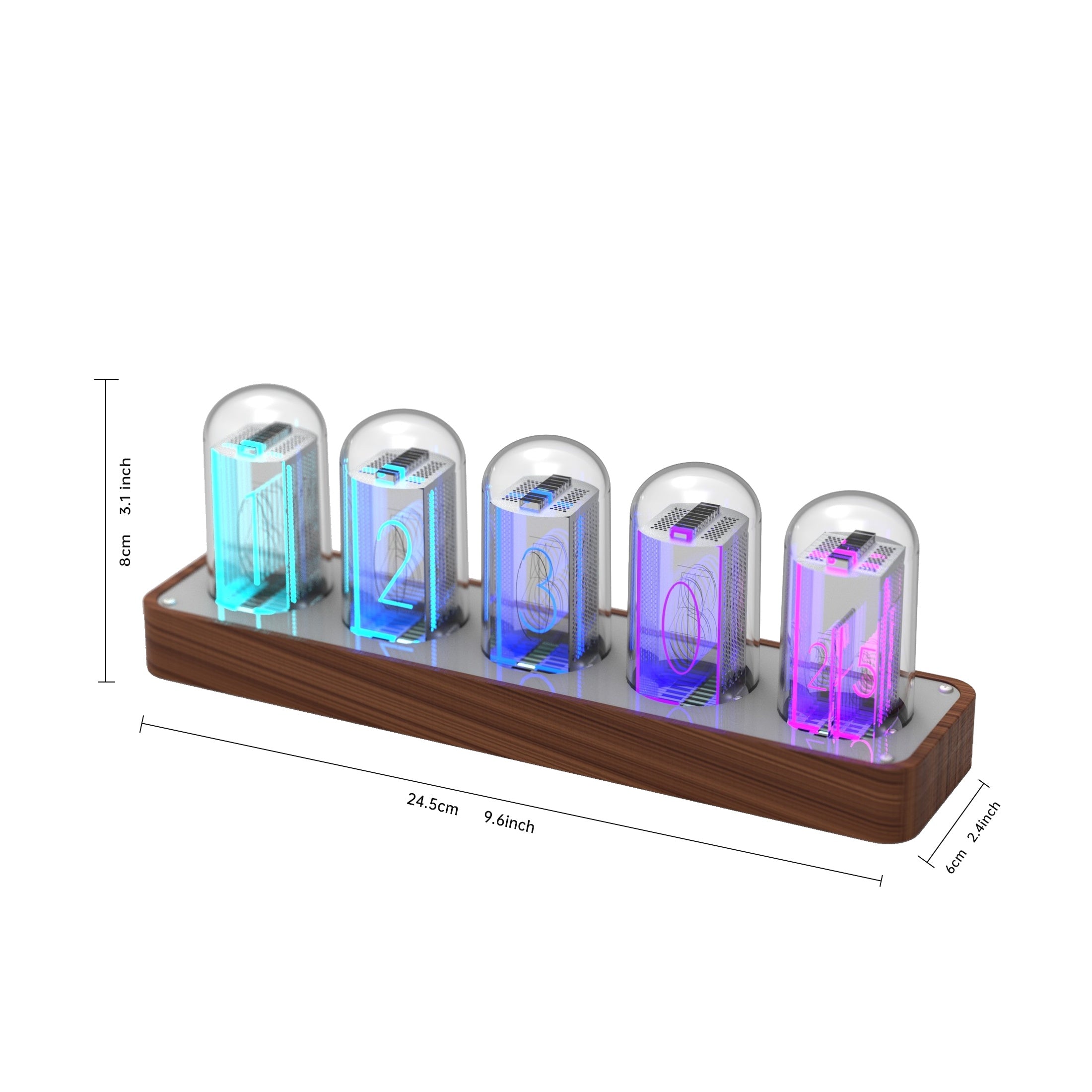 Digital Nixie Tube Clock with Wi-Fi Calibration Alarm and RGB Display in Walnut Finish