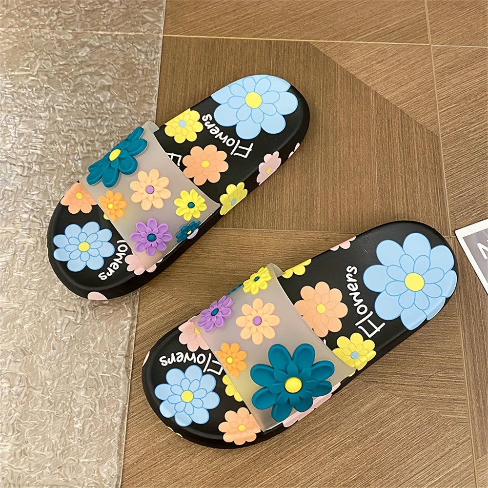 Ayollar uchun Daisy Slides yumshoq, sirg‘alishga qarshi ichki yozgi chiroyli poyabzal, qora gullar