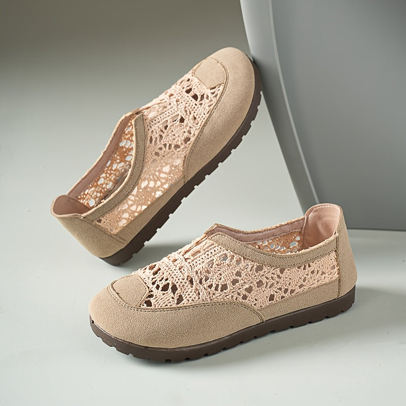 Women's Summer Breathable Lace-Trim Shoes Flat Casual Light Beige