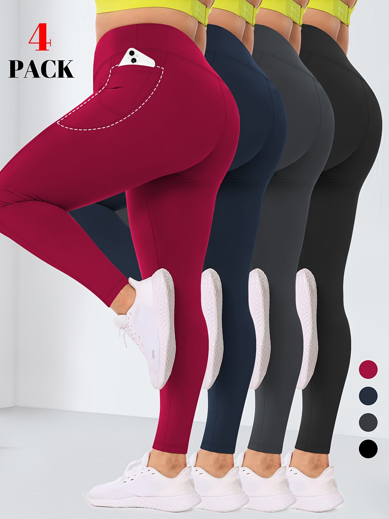 Plus Size Women's High-Waist Leggings 4 Pcs Stretchy Breathable Moisture-Wicking