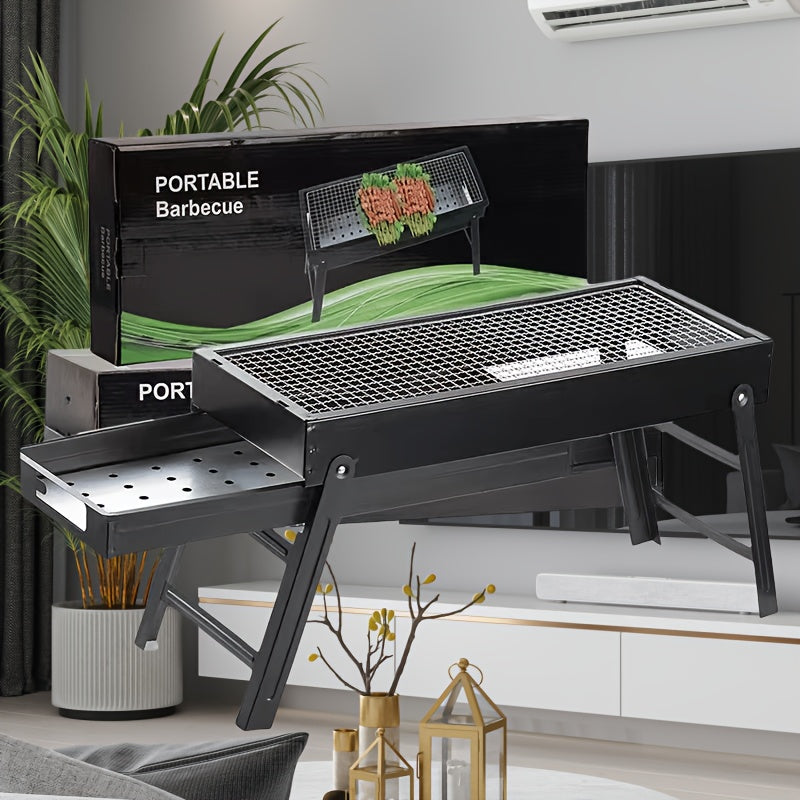 Portable Folding Charcoal Grill with Mesh Top and Side Shelves for Camping and Outdoor Cooking