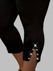 Casual Polyester Capri Pants with Rhinestone Detail and Slit Hem for Outdoor Activities