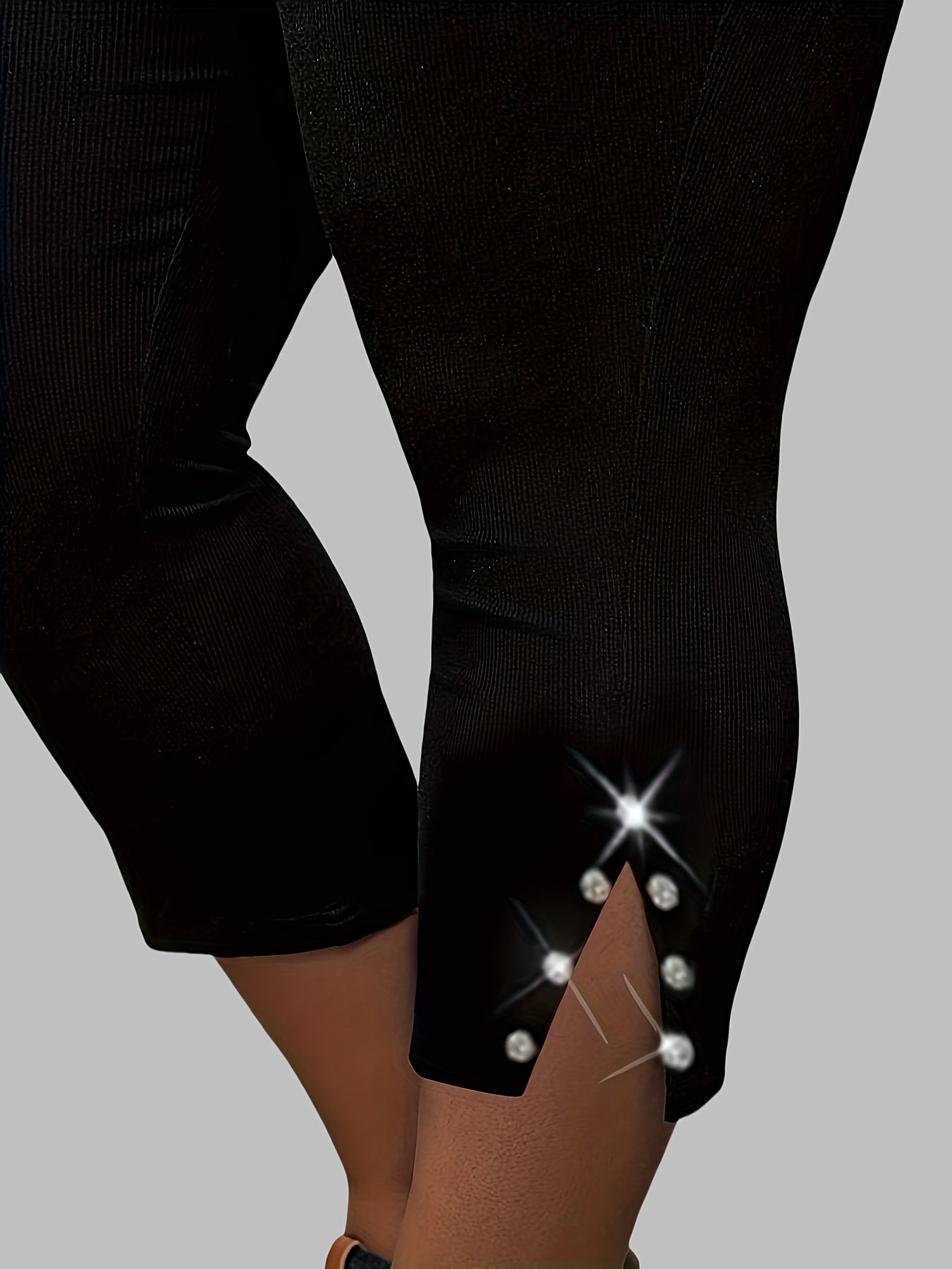 Casual Polyester Capri Pants with Rhinestone Detail and Slit Hem for Outdoor Activities