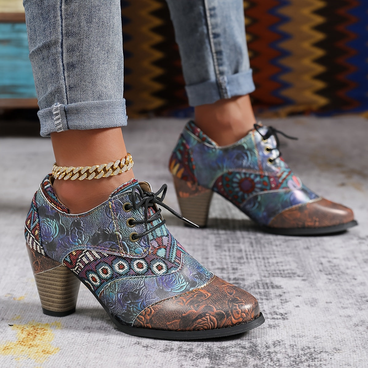 Women's Floral Bohemian Lace-Up Ankle Boots Faux Cover PU Sole All-Season Casual Formal