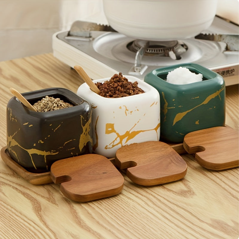 Ceramic Spice Set with Salt and Pepper Jars and Wooden Lids for Kitchen Decor