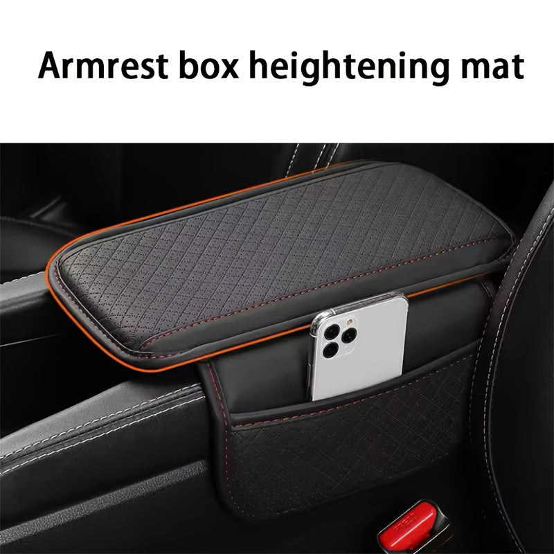 PU Leather Car Armrest Cushion Memory Foam Dual Storage Pockets Breathable Interior Accessory