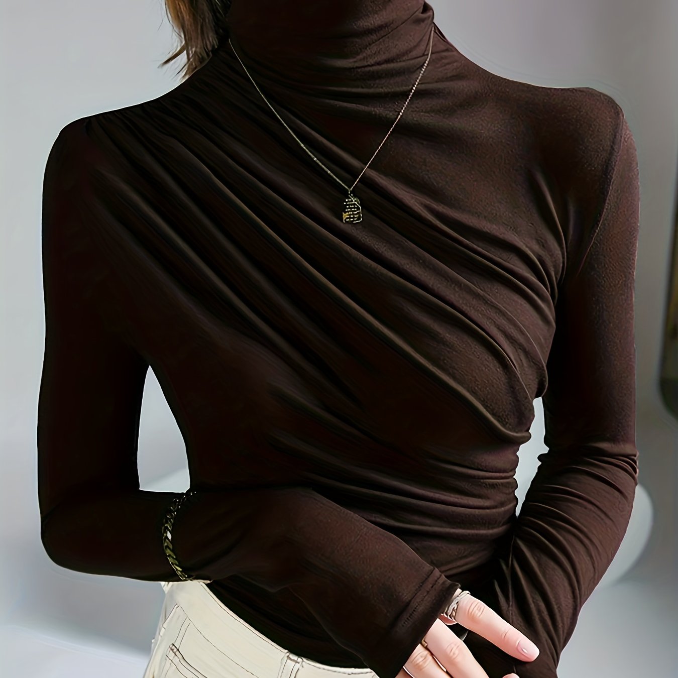 Women's Dark Brown Ruching Mock Neck Blouse with Long Sleeves and Micro Elasticity