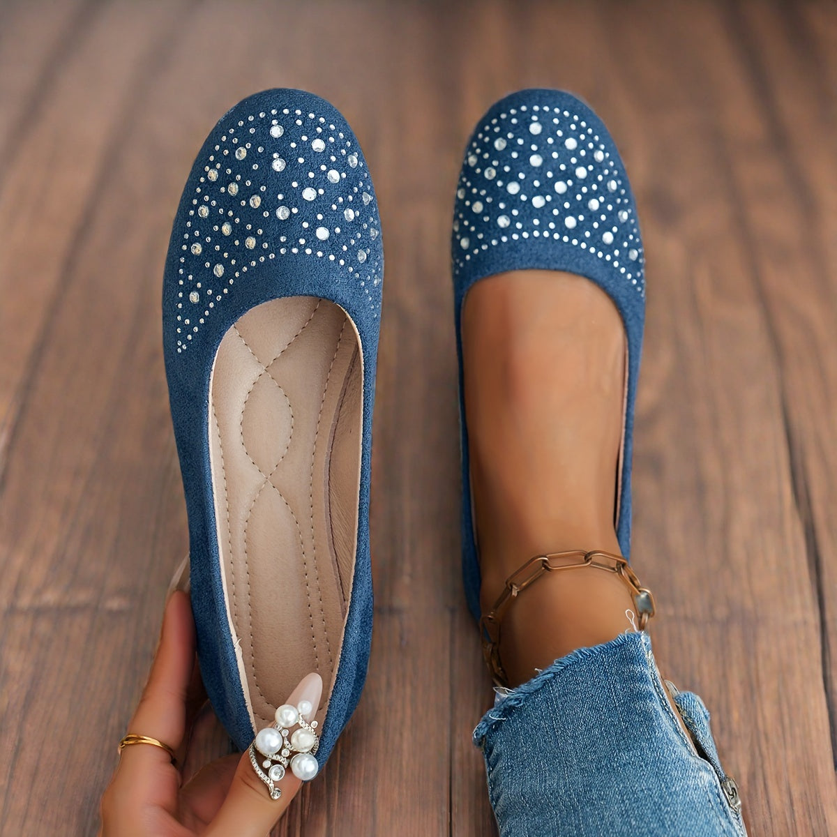 Women's Navy Blue Velvet Flats with Rhinestones for Casual Walking