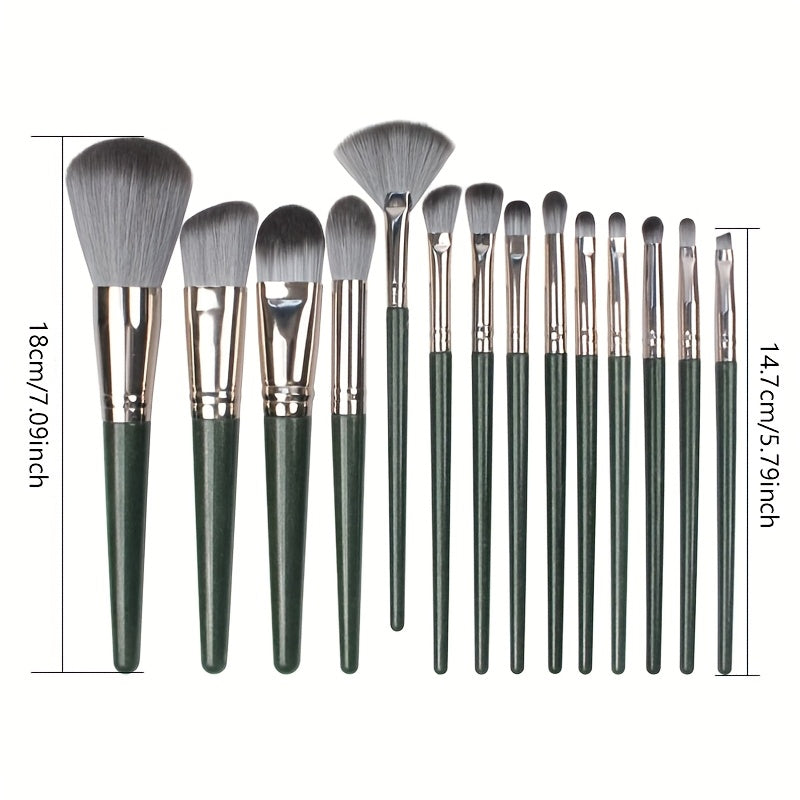 14-Piece Green Makeup Brush Set for Face and Eye Contouring Blending