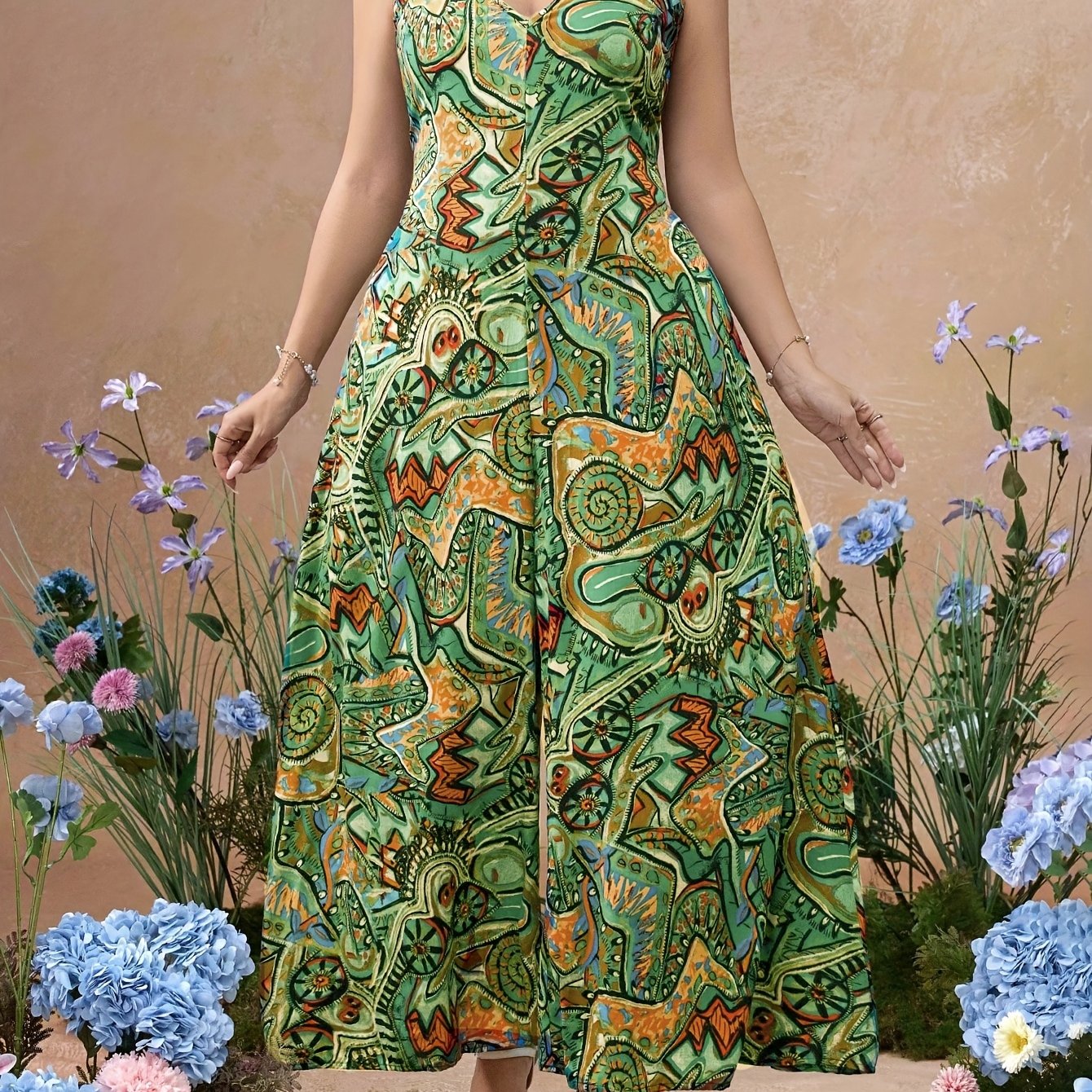 Plus Size Women's Linen V-Neck Sleeveless Jumpsuit with Floral Print