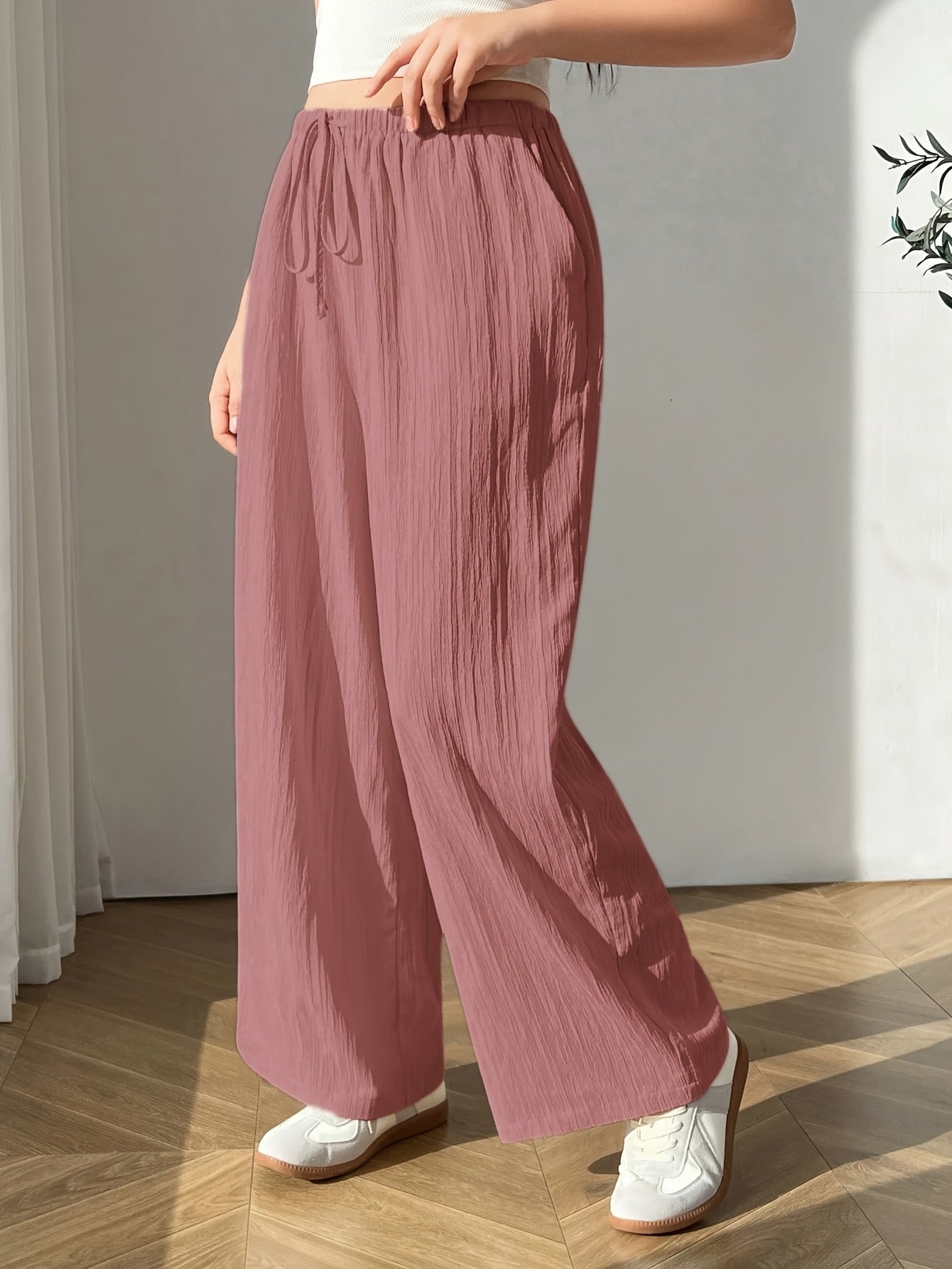 Plus Size Women's Casual Pants Polyester Pink Drawstring Straight Leg