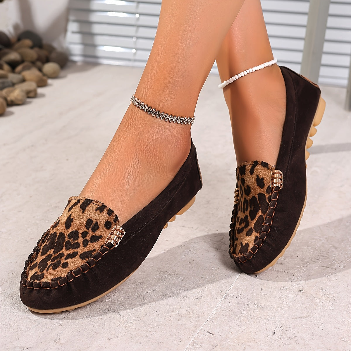 Women's Brown Leather Loafers with Metal Buckle Comfortable Slip-On Shoes