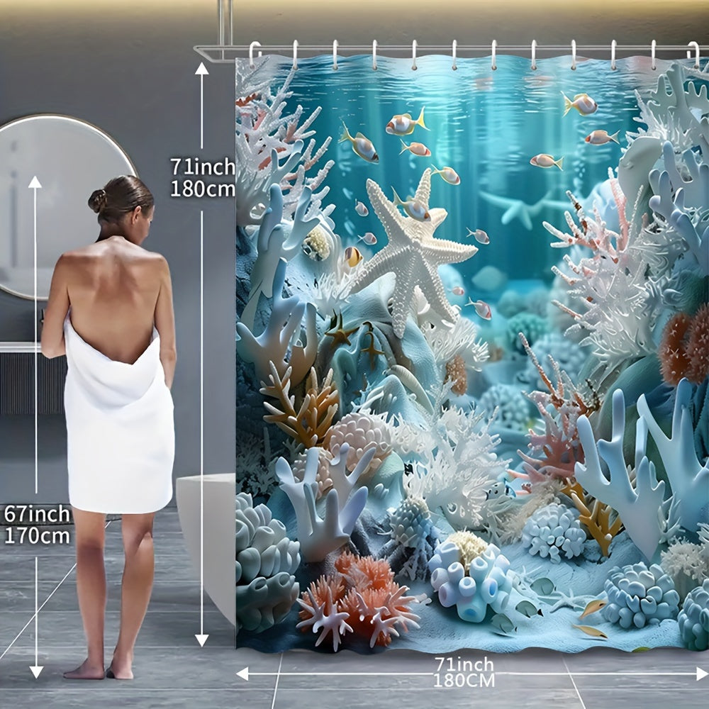 Ocean Style Shower Curtain Set with Shell and Starfish Print Waterproof Bathroom Decor with Non-Slip Mat and Hooks