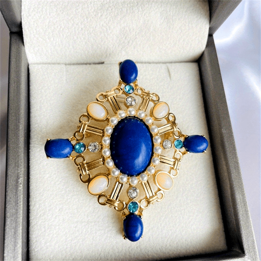 Vintage Enamel Brooch Pin with Baroque Lady Design and Rhinestones