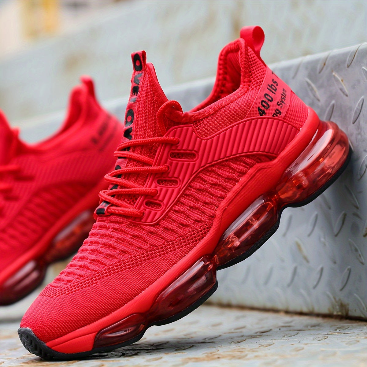 Men's Athletic Sneakers Beige Knit Fabric Air-Cushioned Sole Breathable Outdoor Lace-Up Round Toe