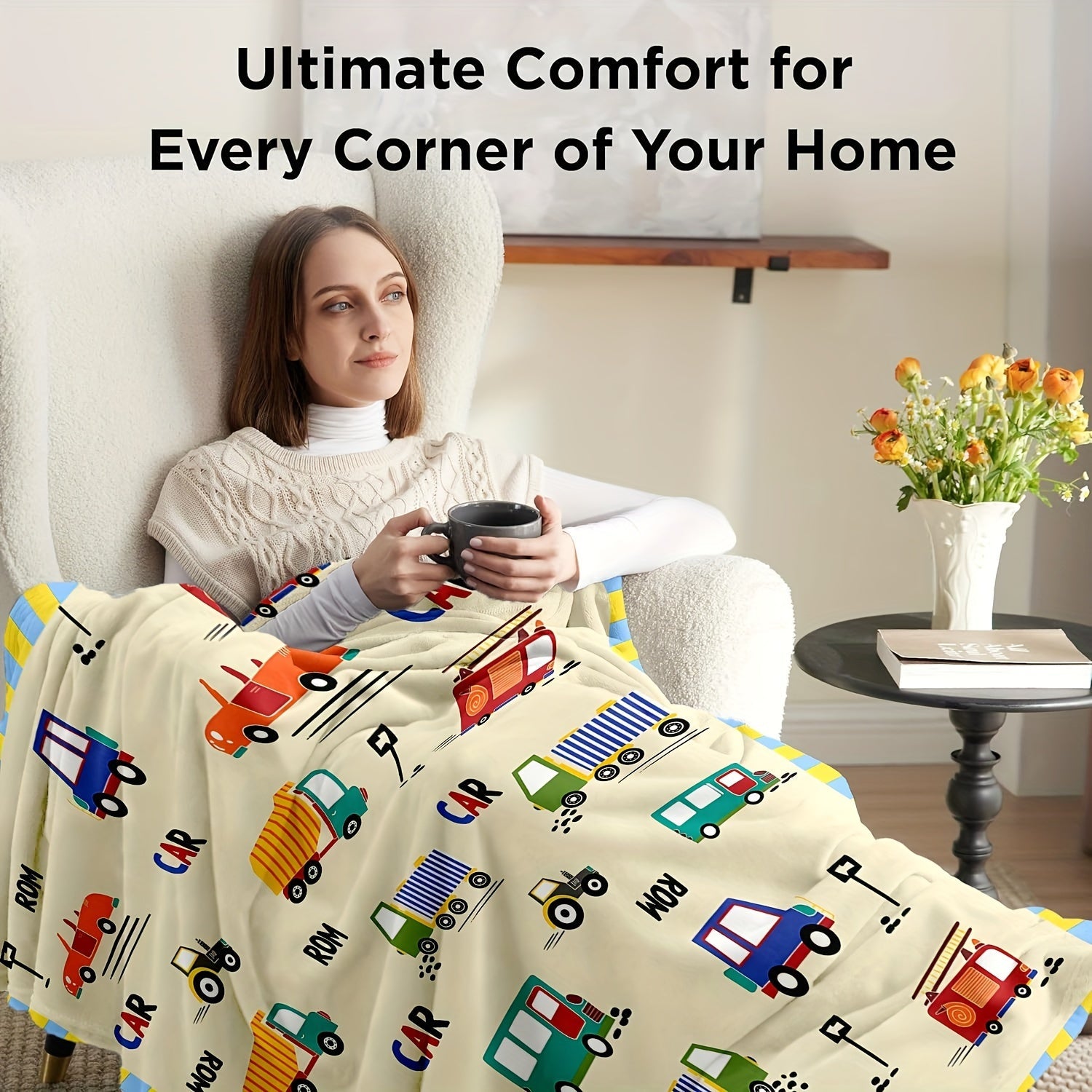 Kids Cartoon Car and Truck Print Flannel Wearable Blanket Soft Warm Tear-Resistant