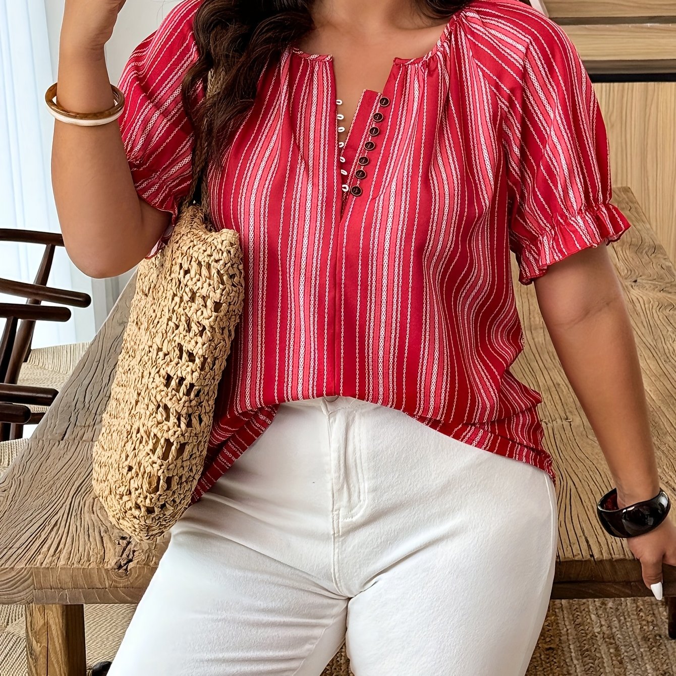 Women's Plus Size Red White Striped Short Sleeve Blouse V-Neck