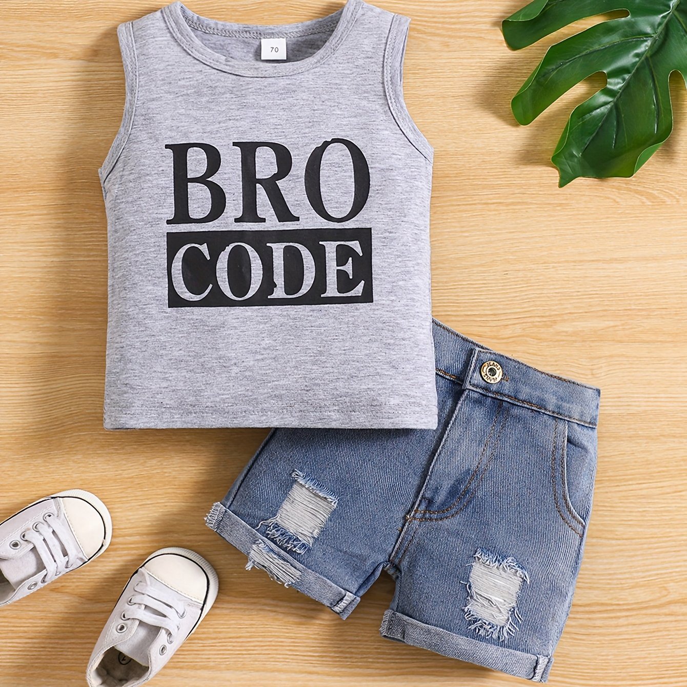 Kids Summer Outfit for Boys 2-Piece Casual Set with Black Letter Print Tank Top and Ripped Shorts