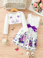 Girls Butterfly Casual Two-Piece Dress Set with Midi Length and Belt