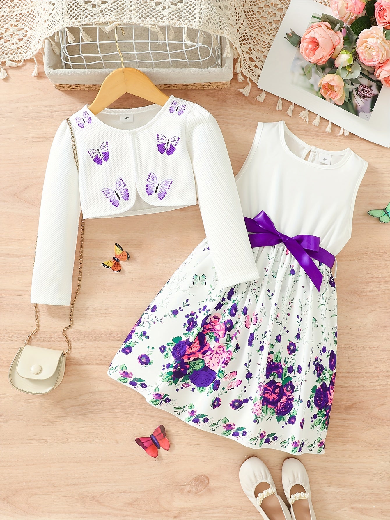 Girls Butterfly Casual Two-Piece Dress Set with Midi Length and Belt