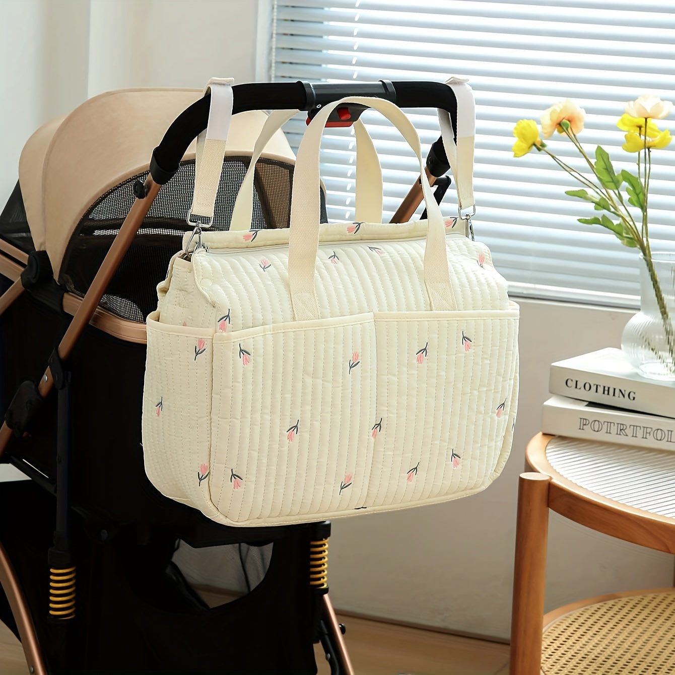 Большая вместимость сумки для подгузников с вышивкой медведя, прочный полиэстер, несколько отделений, регулируемый плечевой ремень