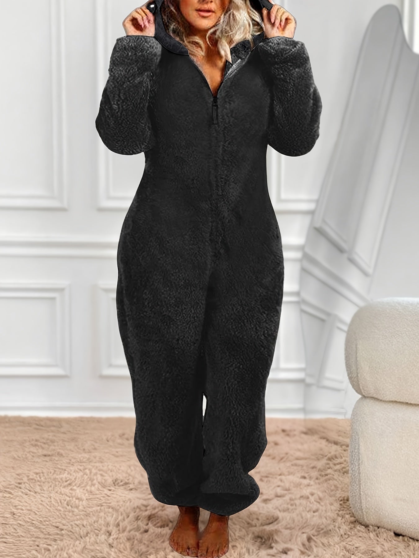 Plus Size Women's Hooded Jumpsuit Soft Polyester Casual Long Sleeve Pockets