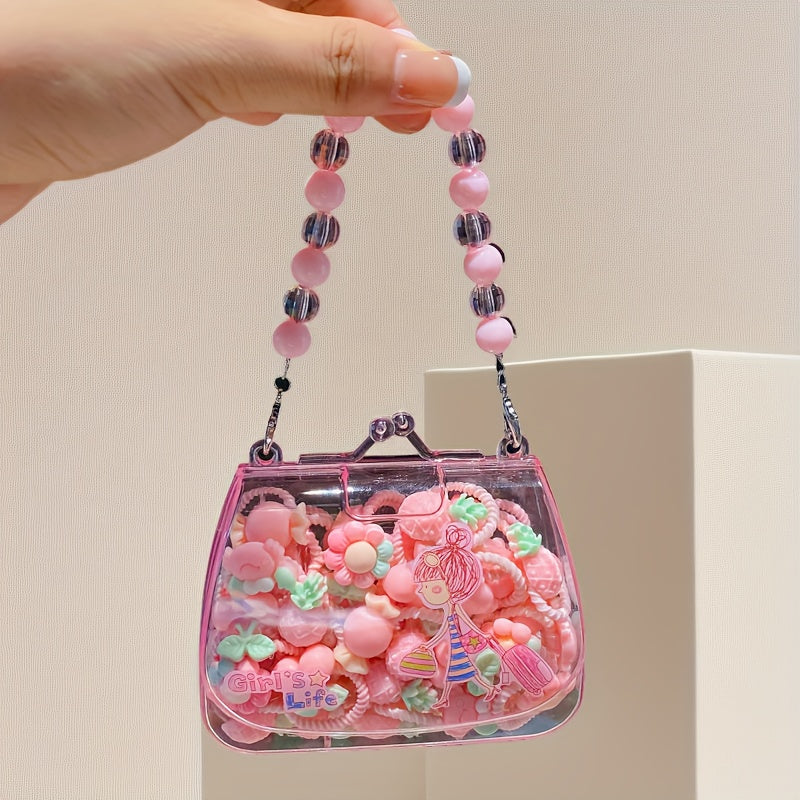 Qizlar uchun aralash ranglarda 20 ta qiziqarli multfilm soch bog'ichlari to'plami, pushti sun'iy marvaridli sovg'a qutisi bilan