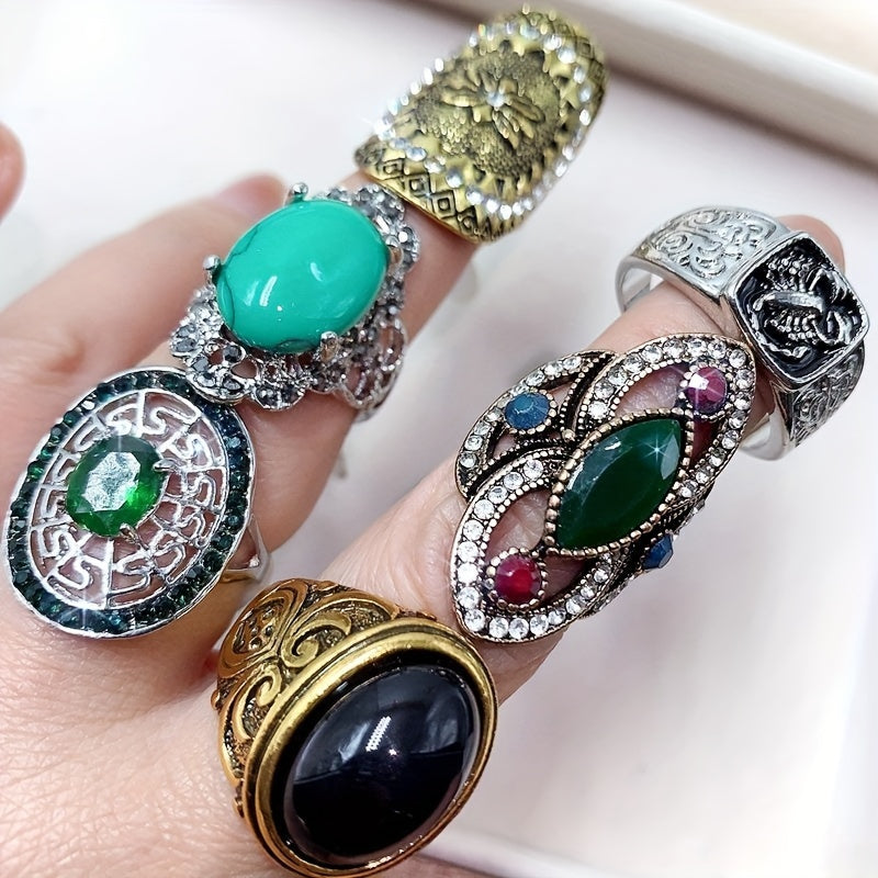 Set of 10 Vintage Synthetic Turquoise Alloy Heart Rings for Women and Girls